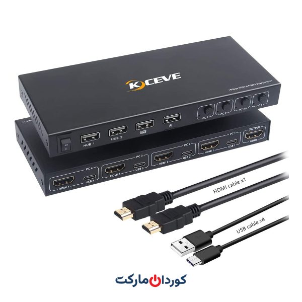 سوئیچ با کیفیت 4 پورت، KCEVE | HDشMI KVM Switcher Box پشتیبانی از 4K@60Hz، سازگاری کلیه سیستم ها