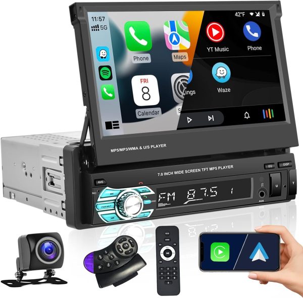 پخش خودرو Hikity Single Din Car Stereo with CarPlay and Android Auto, 7 Inch Touch Screen