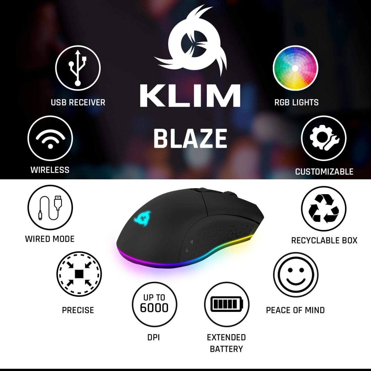 ماوس بازی بی‌سیم قابل شارژ Klim Blaze RGB + سنسور با دقت بالا