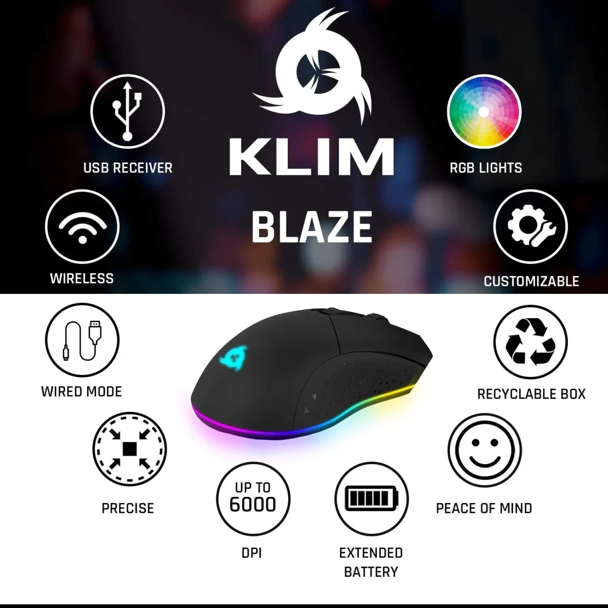 ماوس بازی بی‌سیم قابل شارژ Klim Blaze RGB + سنسور با دقت بالا