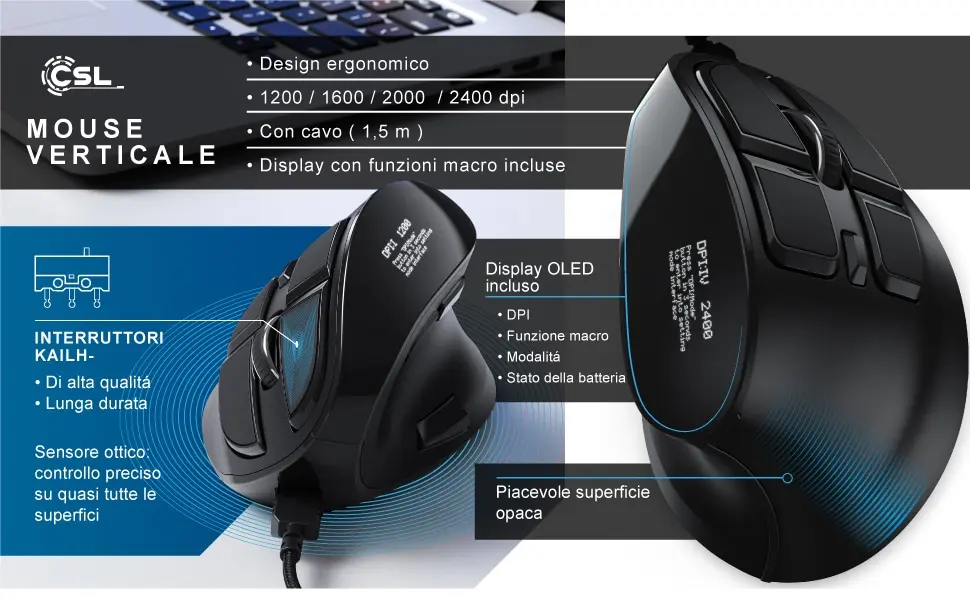 ماوس عمودی، ارگونومی ورتیکال با صفحه نمایش OLED 2400 DPI - دکمه های قابل برنامه ریزی CSL