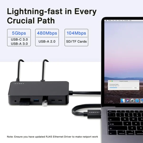 مبدل MacBook Pro Docking Station با آداپتور برق Dual 4K, (2 HDMI، RJ45، SD/TF، 6 پورت USB، صوتی 3.5 میلی متر) | برند iVANKY
