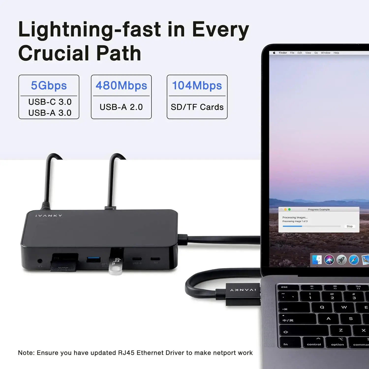 مبدل MacBook Pro Docking Station با آداپتور برق Dual 4K, (2 HDMI، RJ45، SD/TF، 6 پورت USB، صوتی 3.5 میلی متر) | برند iVANKY
