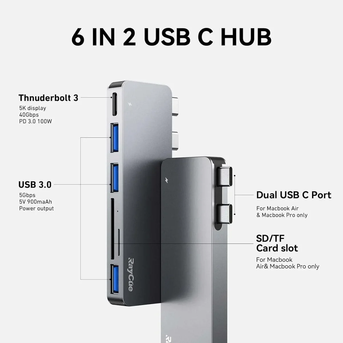 پورت هاب USB C | RayCue با آداپتور MacBook Multiport با Thunderbolt 3/3T, 3 Ports USBSDd3, 3