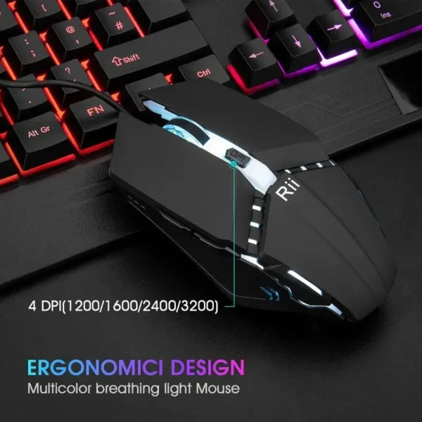 ست کیبورد و ماوس بازی Rii | RK400 RGB، مکانیکال سیمی، ماوس ۶ دکمه‌ای RGB