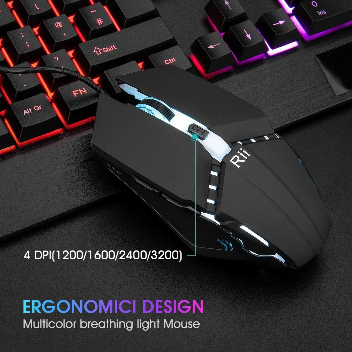 ست کیبورد و ماوس بازی Rii | RK400 RGB، مکانیکال سیمی، ماوس ۶ دکمه‌ای RGB