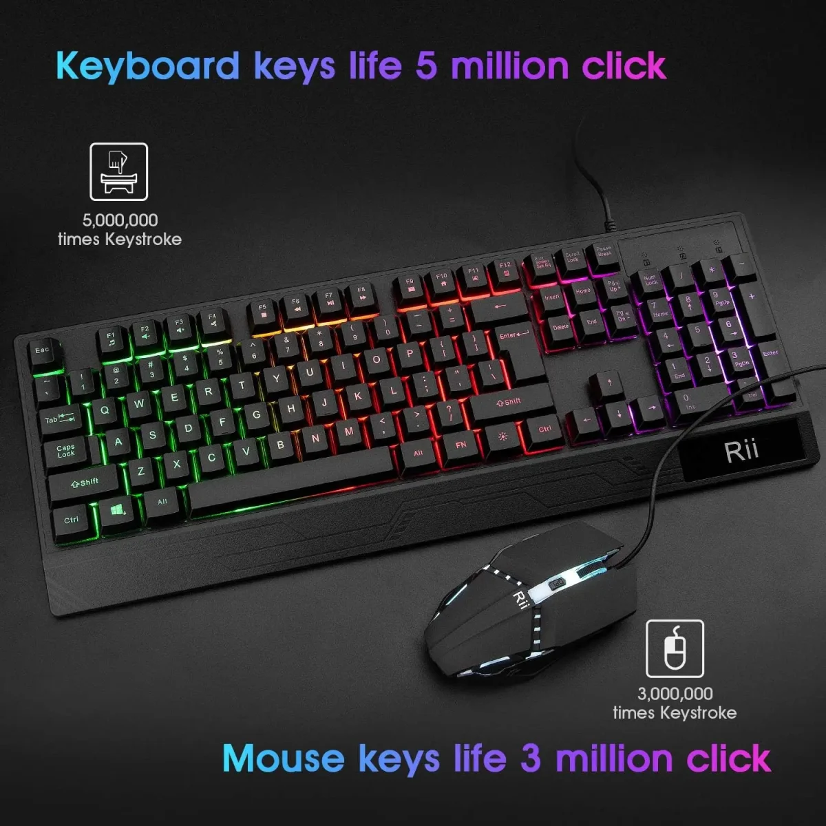 ست کیبورد و ماوس بازی Rii | RK400 RGB، مکانیکال سیمی، ماوس ۶ دکمه‌ای RGB