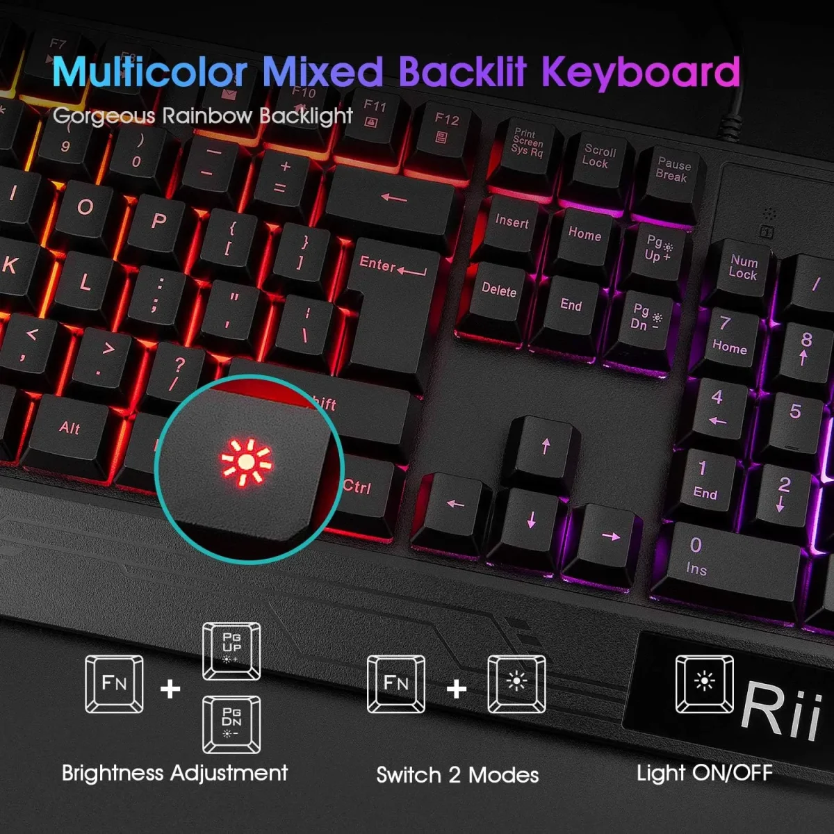ست کیبورد و ماوس بازی Rii | RK400 RGB، مکانیکال سیمی، ماوس ۶ دکمه‌ای RGB