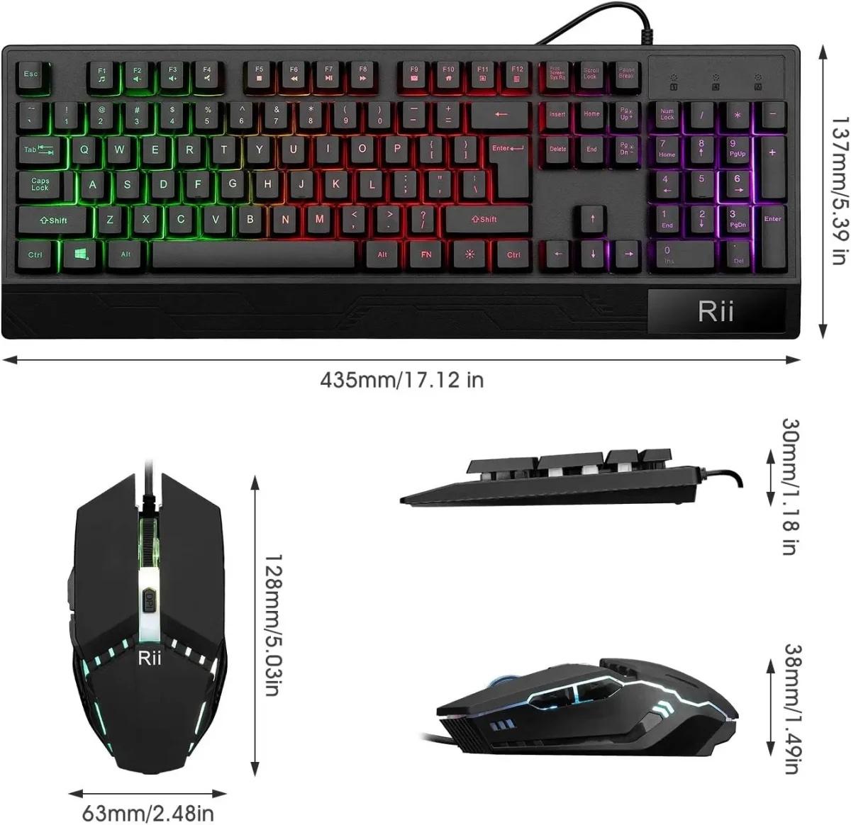 ست کیبورد و ماوس بازی Rii | RK400 RGB، مکانیکال سیمی، ماوس ۶ دکمه‌ای RGB