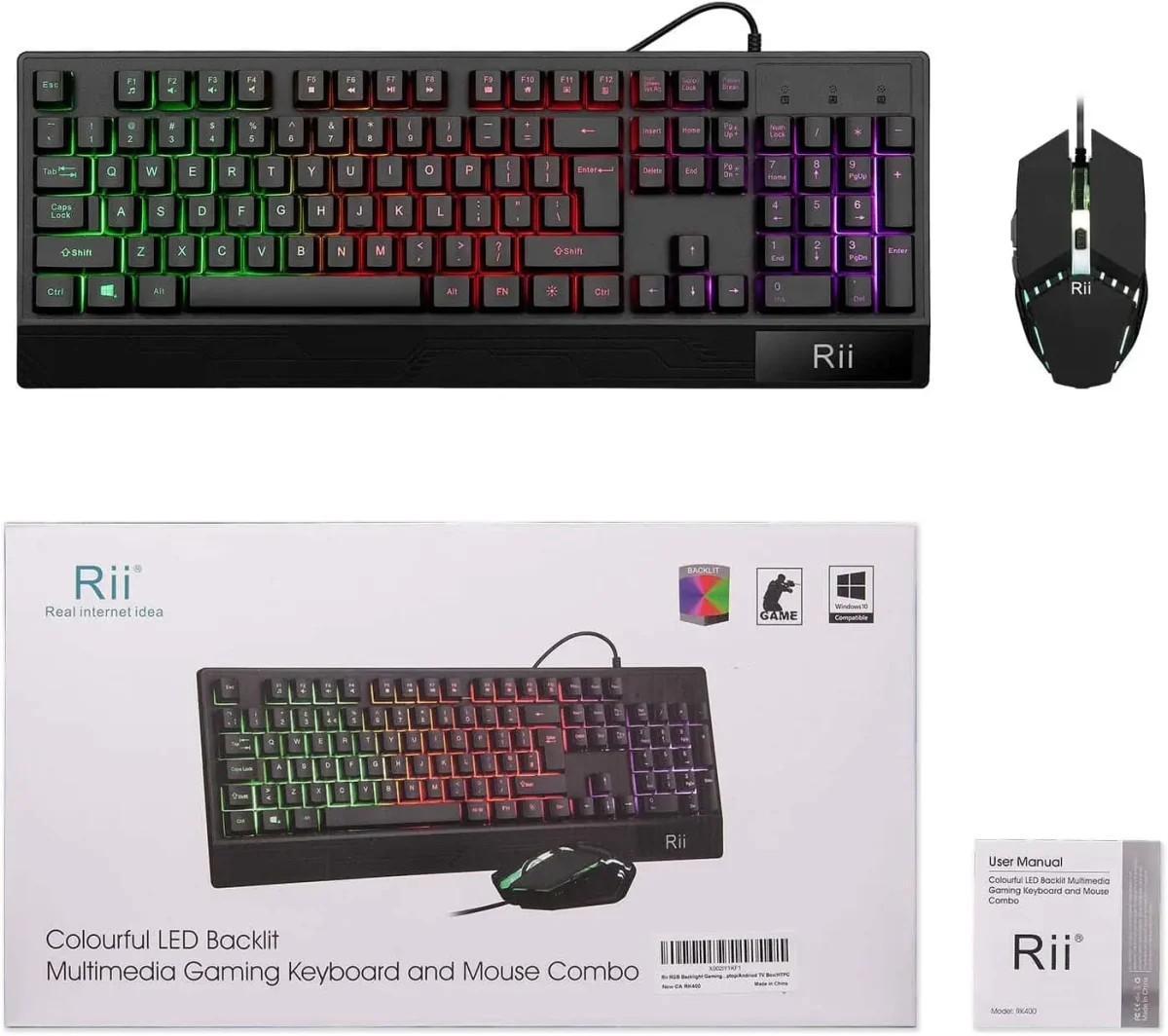 ست کیبورد و ماوس بازی Rii | RK400 RGB، مکانیکال سیمی، ماوس ۶ دکمه‌ای RGB