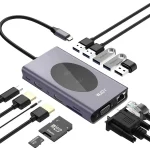 هاب WJOY USB C Hub Laptop Docking Station بهمراه شارژر وایرلس | 4K HDMI، RJ45 Ethernet، VGA، USB 3.0 Ports، SD/TF Card Reader