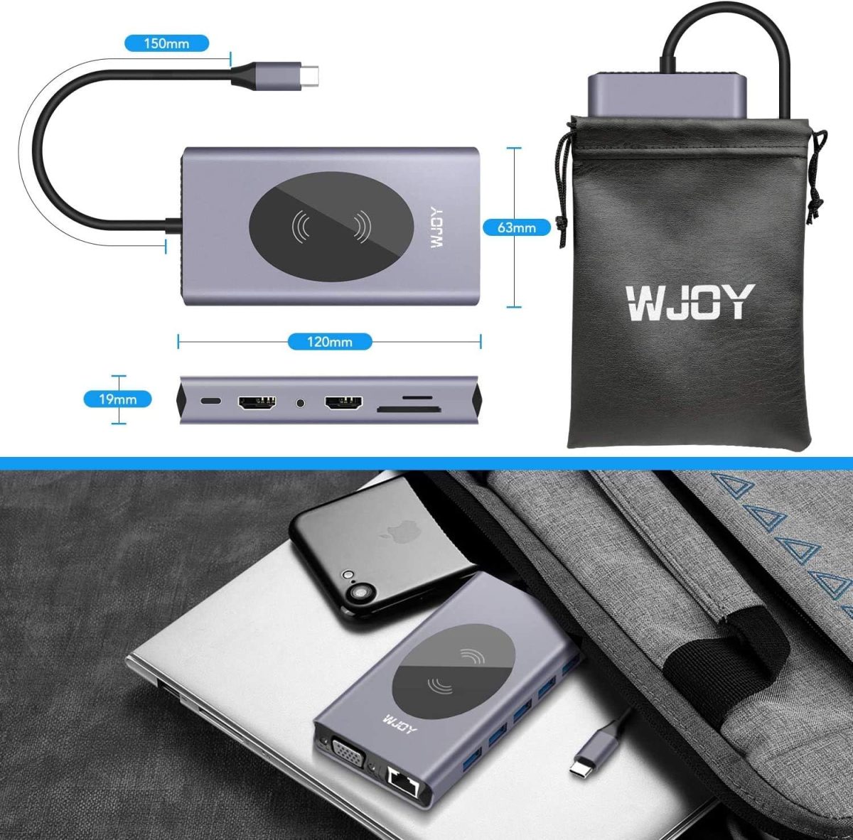 هاب WJOY USB C Hub Laptop Docking Station بهمراه شارژر وایرلس | 4K HDMI، RJ45 Ethernet، VGA، USB 3.0 Ports، SD/TF Card Reader