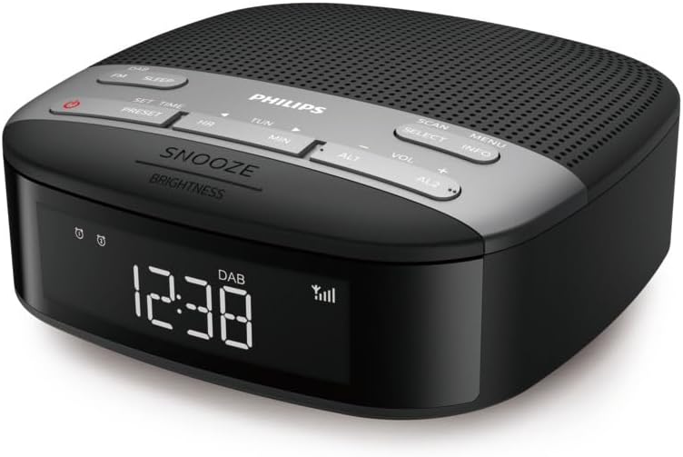 ساعت زنگ دار رادیویی فیلیپس R3505/12 رادیویی DAB+ (زنگ هشدار دوگانه، تایمر خواب، طراحی فشرده، رادیو دیجیتال DAB+/FM، همگام‌سازی خودکار زمان، پشتیبان‌گیری از باتری)
