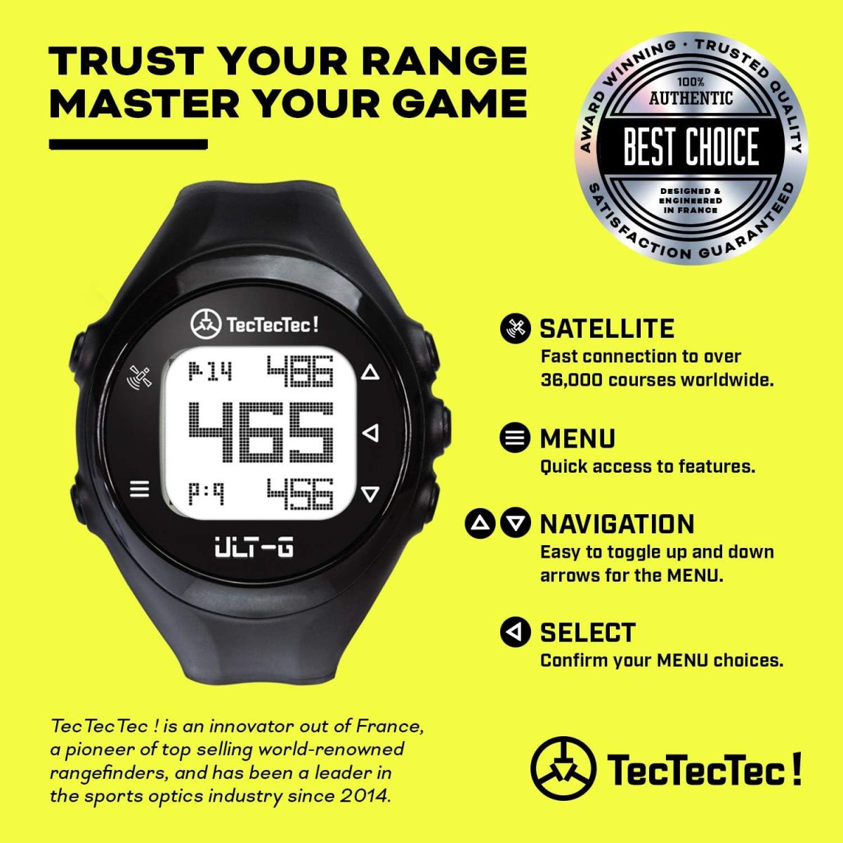 ساعت گلف GPS شیک، سبک و چند منظوره TecTecTec ULT-G، بند مچی بادوام با نمایشگر LCD - مشکی