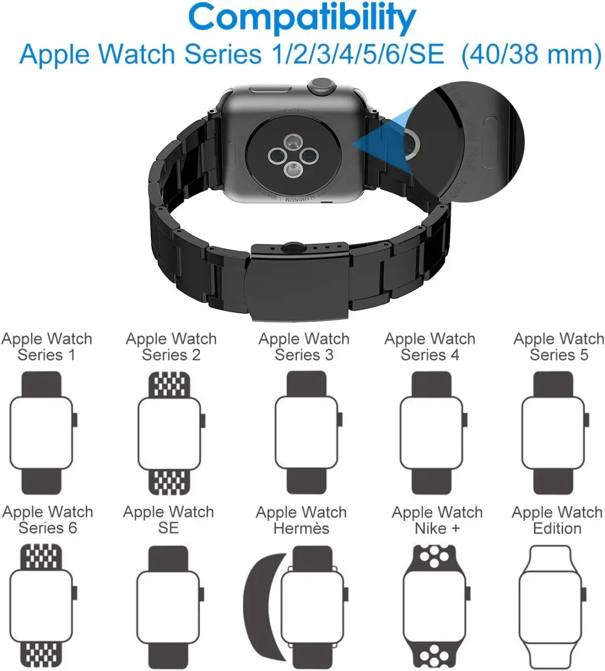 بند ساعت JETech برای Apple Watch 38mm و 40mm، فولاد ضد زنگ، مشکی - Image 5