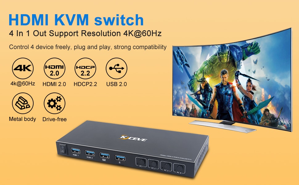 سوئیچ 4 پورت، KCEVE | HDMI KVM Switcher Box پشتیبانی از 4K@60Hz، سازگاری کلیه سیستم ها