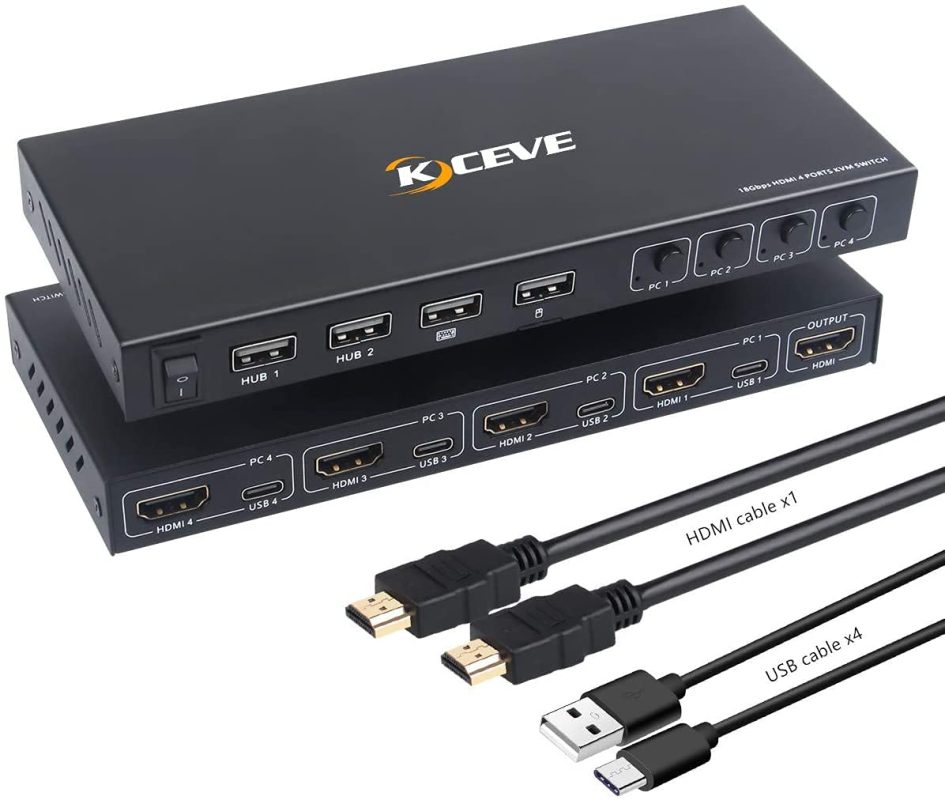 سوئیچ 4 پورت، KCEVE | HDMI KVM Switcher Box پشتیبانی از 4K@60Hz، سازگاری کلیه سیستم ها