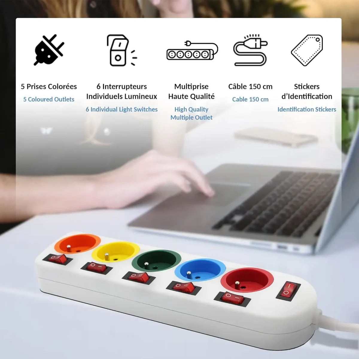 چندراهی و محافظ برق رنگی فیشتک FISHTEC 5 - کلید عمومی برای هر پریز - Image 3