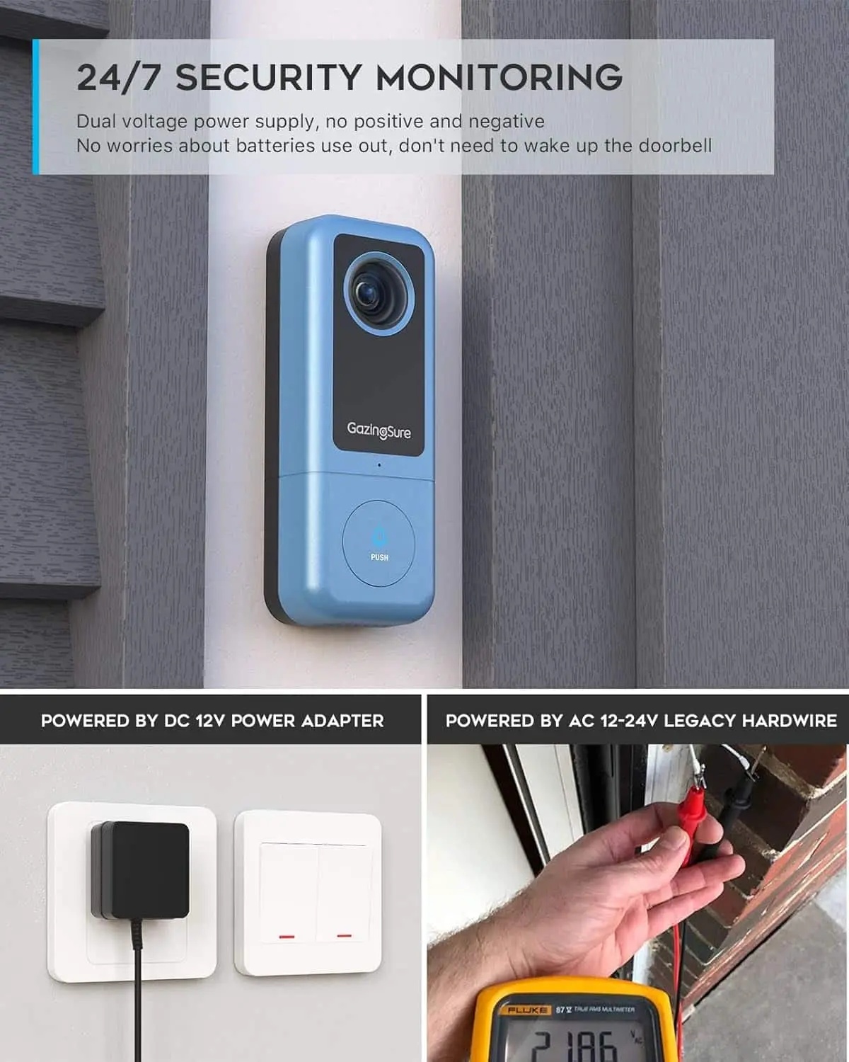 دوربین زنگ در، وای فای هوشمند 2K با زنگ داخلی مدل GazingSure Video Doorbell ضدآب
