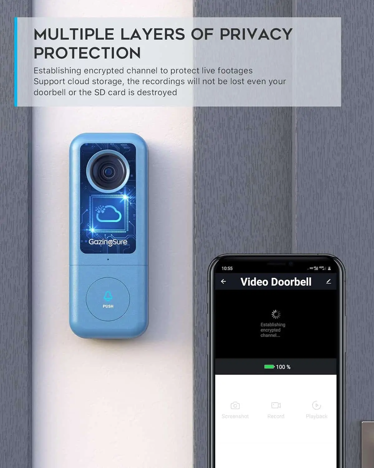 دوربین زنگ در، وای فای هوشمند 2K با زنگ داخلی مدل GazingSure Video Doorbell ضدآب