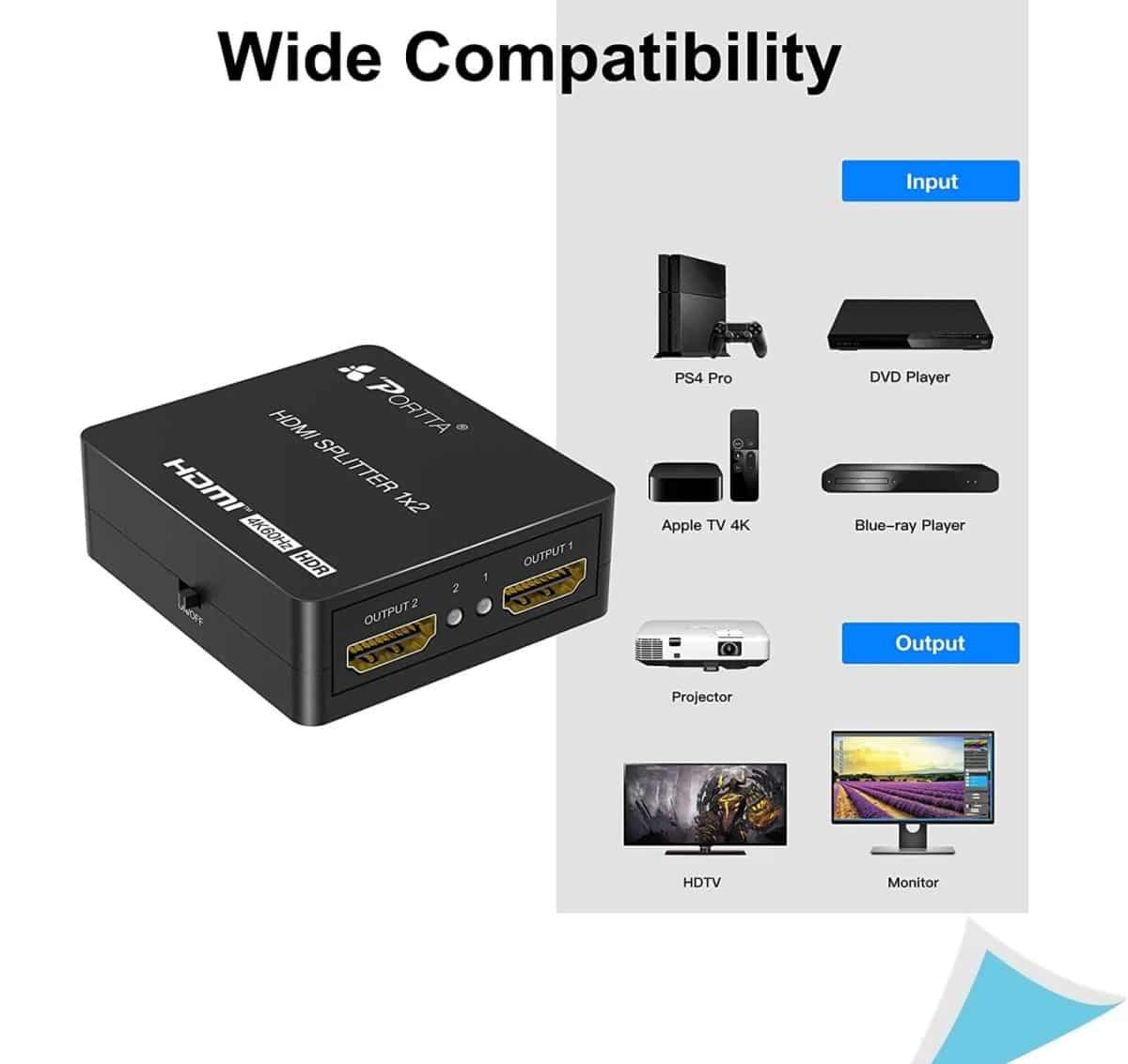 PORTTA HDMI Splitter 4K 60Hz - یک ورودی، دو خروجی با پشتیبانی از HDR10