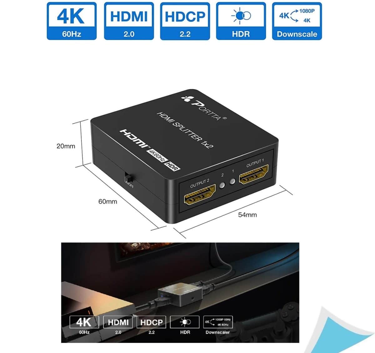 PORTTA HDMI Splitter 4K 60Hz - یک ورودی، دو خروجی با پشتیبانی از HDR10