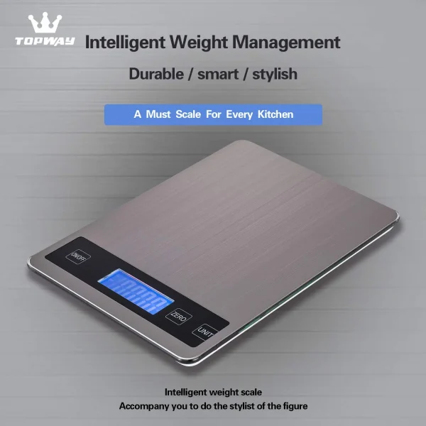 ترازوی دیجیتال آشپزخانه چندکاره از جنس استیل با نمایشگر LCD وظرفیت 15 کیلوگرم