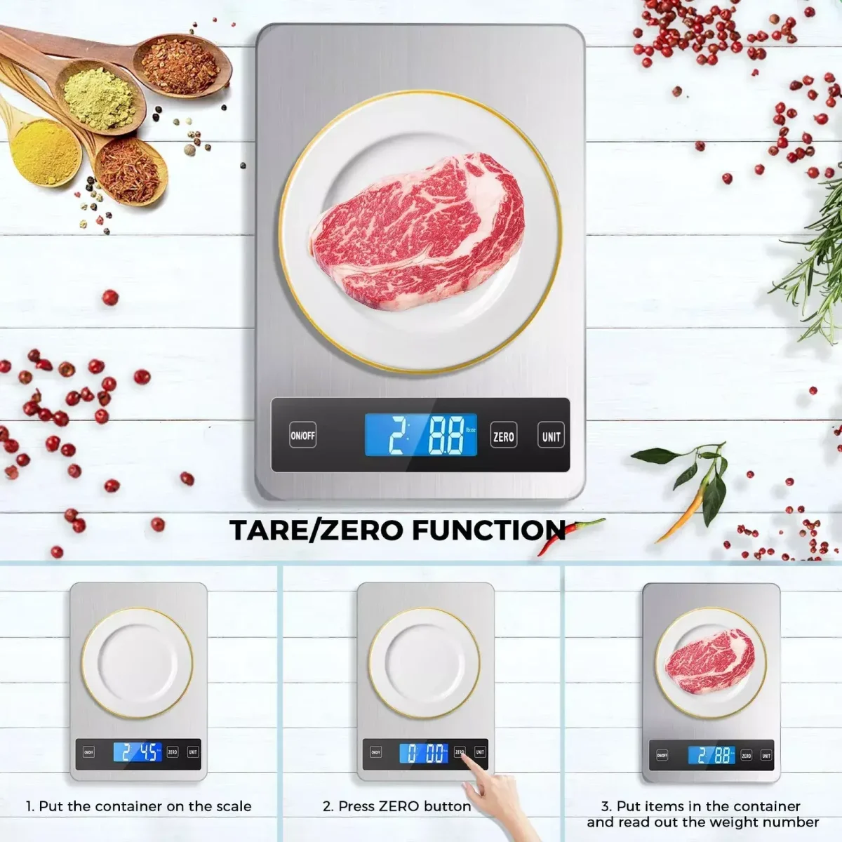 ترازوی دیجیتال آشپزخانه چندکاره از جنس استیل با نمایشگر LCD وظرفیت 15 کیلوگرم