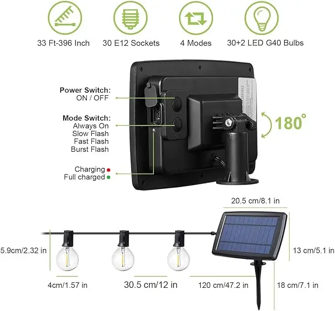 ریسه نوری خورشیدی OxyLED - چراغ 22 عددی LED ضدآب با شارژ خورشیدی و USB، مناسب برای حیاط، باغ، بالکن و جشنها