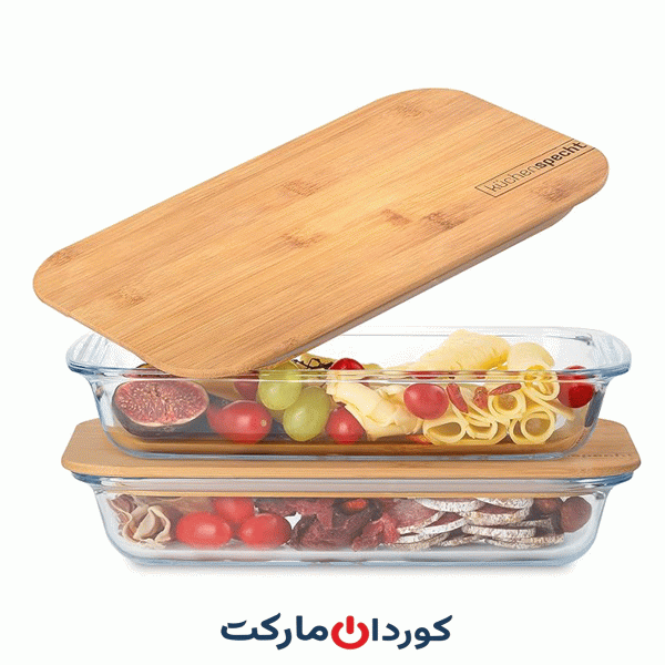 ست 2 عددی ظرف غذای شیشه ای با درپوش چوب بامبو kuchenspecht آلمانی