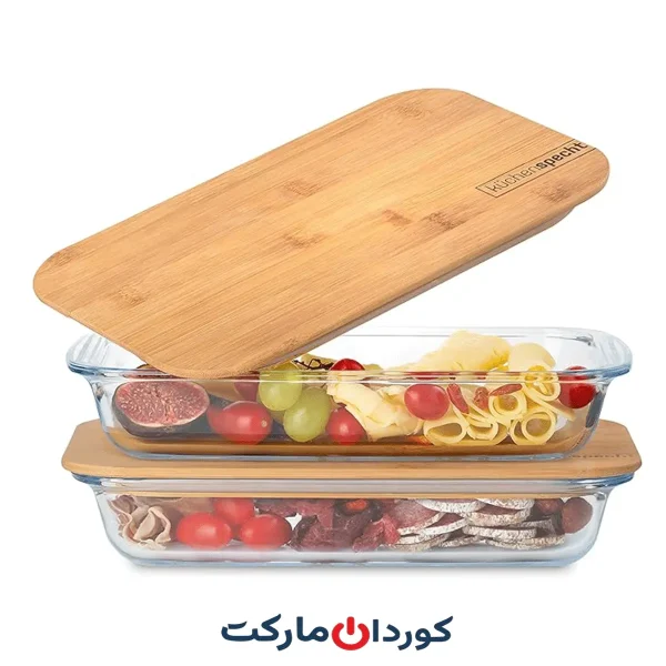 ست 2 عددی ظرف غذای شیشه ای با درپوش چوب بامبو kuchenspecht آلمانی