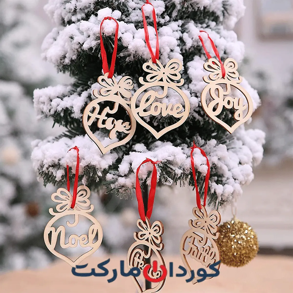 پک 16 عددی آویزهای چوبی توخالی درخت کریسمس با عنوان HOPE همراه با روبان قرمز - Image 3