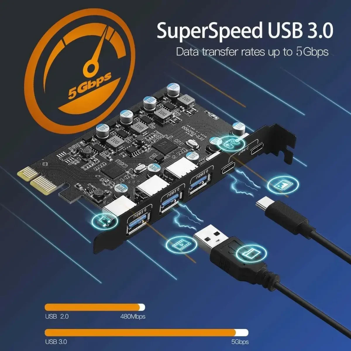 کارت توسعه PCIE 5 ESTON دو پورت Type_c و سە پورت USB3.2 - Image 3