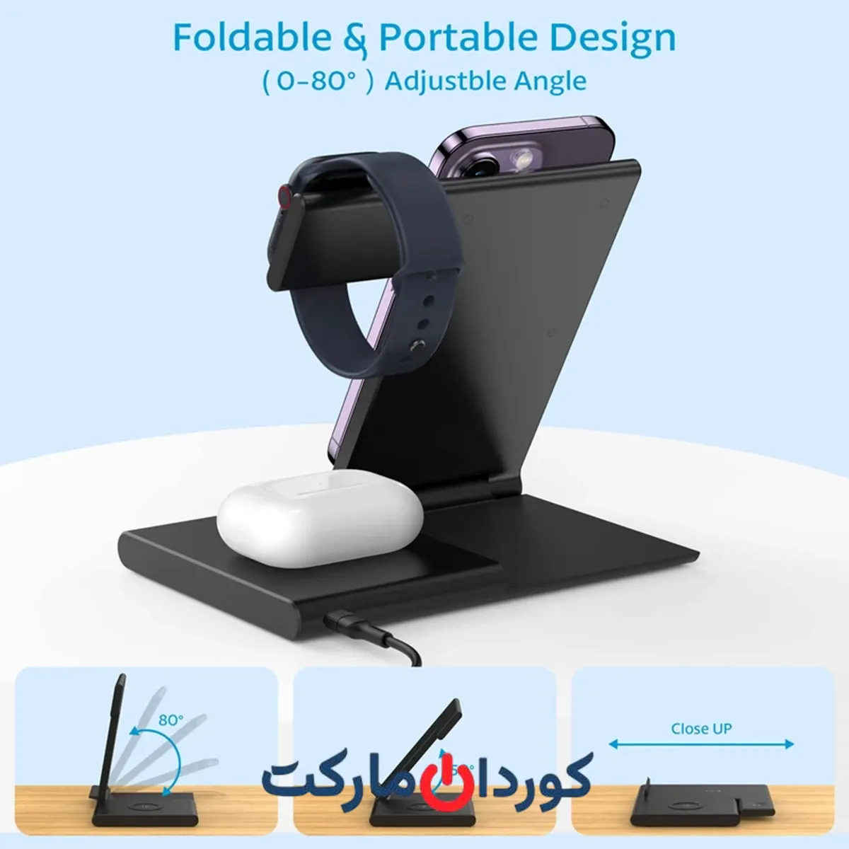 شارژر وایرلس / بی سیم 3 کاره مدل W40 - مشکی - Image 6