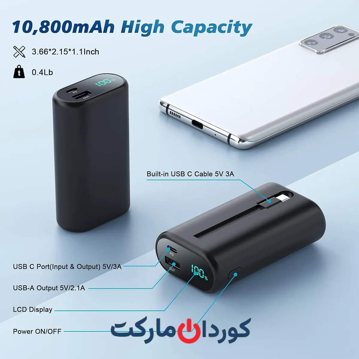 پاور بانک قابل حمل با ظرفیت ۱۰۸۰۰ میلیآمپر ساعت و کابل LIGHTNING داخلی مدل HX90X1 استوک - Image 3
