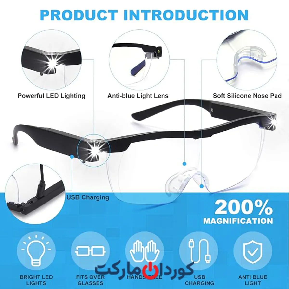 عینک مخصوص کار قابل شارژ ذره بینی دارای دو چراغ - Image 4