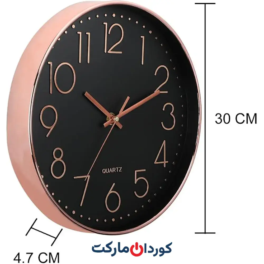 ساعت دیواری ۱۲ اینچی بیصدا، بدون تیک تاک، مشکی رزگلد - Image 4